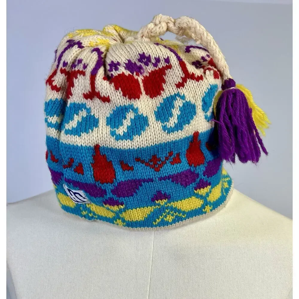 Vtg Murray Merkley Hand Knit Wool Ski Hat 80s Bright Resort Mountain - Picture 4 of 6